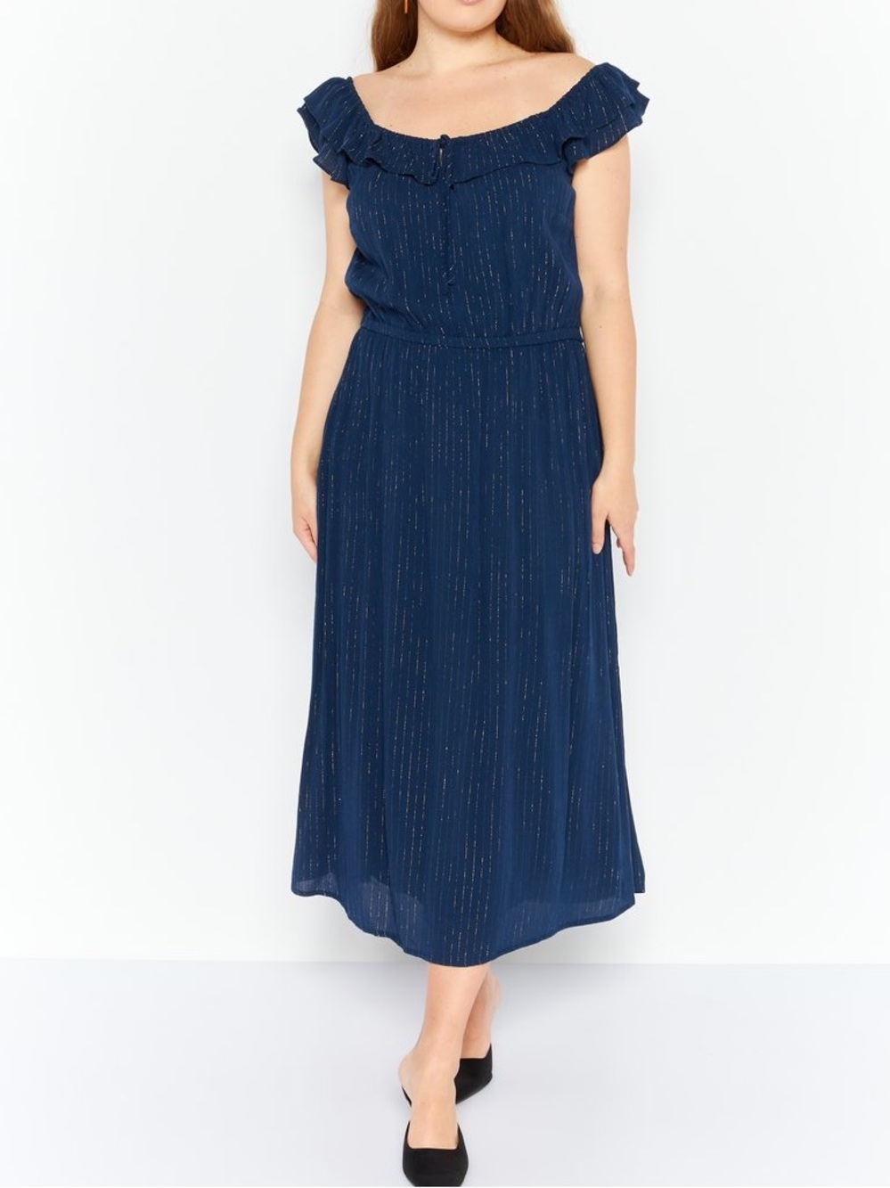 INC International Concepts Dress Womens L Blue Striped Ruffle Strap Maxi Rayon
